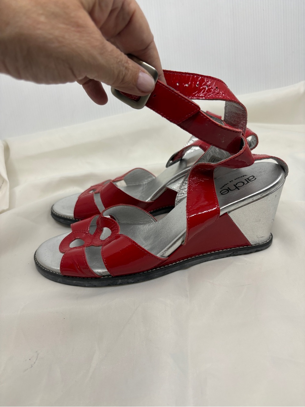 Arche France Red Patent Leather and  silver Sandals Sz 39 Wedge Gladiator Strap
